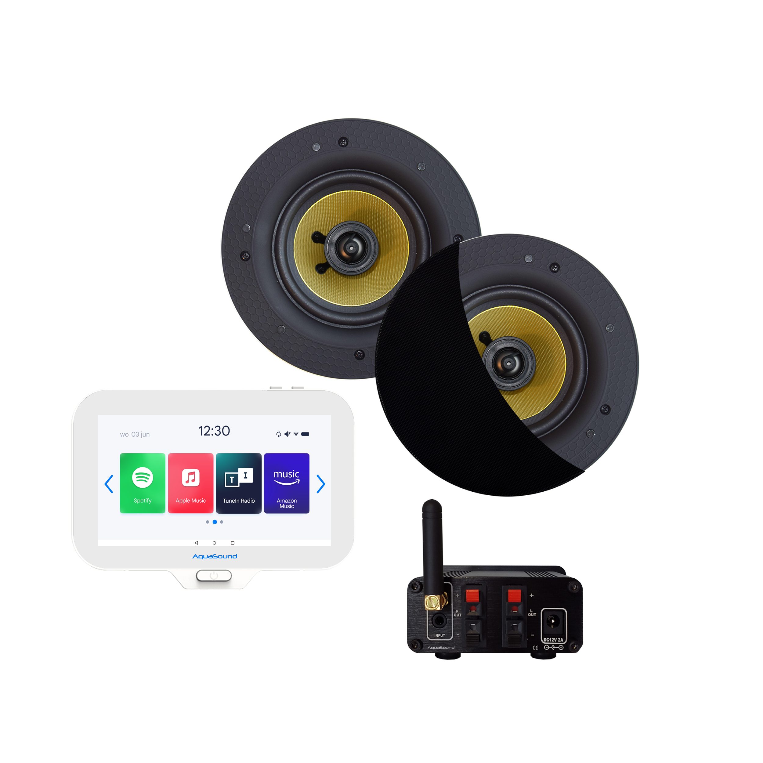 N-JOY CONNECT BADKAMERRADIO, CONTROLLER (IPX7) + WAND LADER + SAMBA SPEAKERSET ZWART + BLUETOOTH VERSTERKER / 50 WATT / 230V/12V