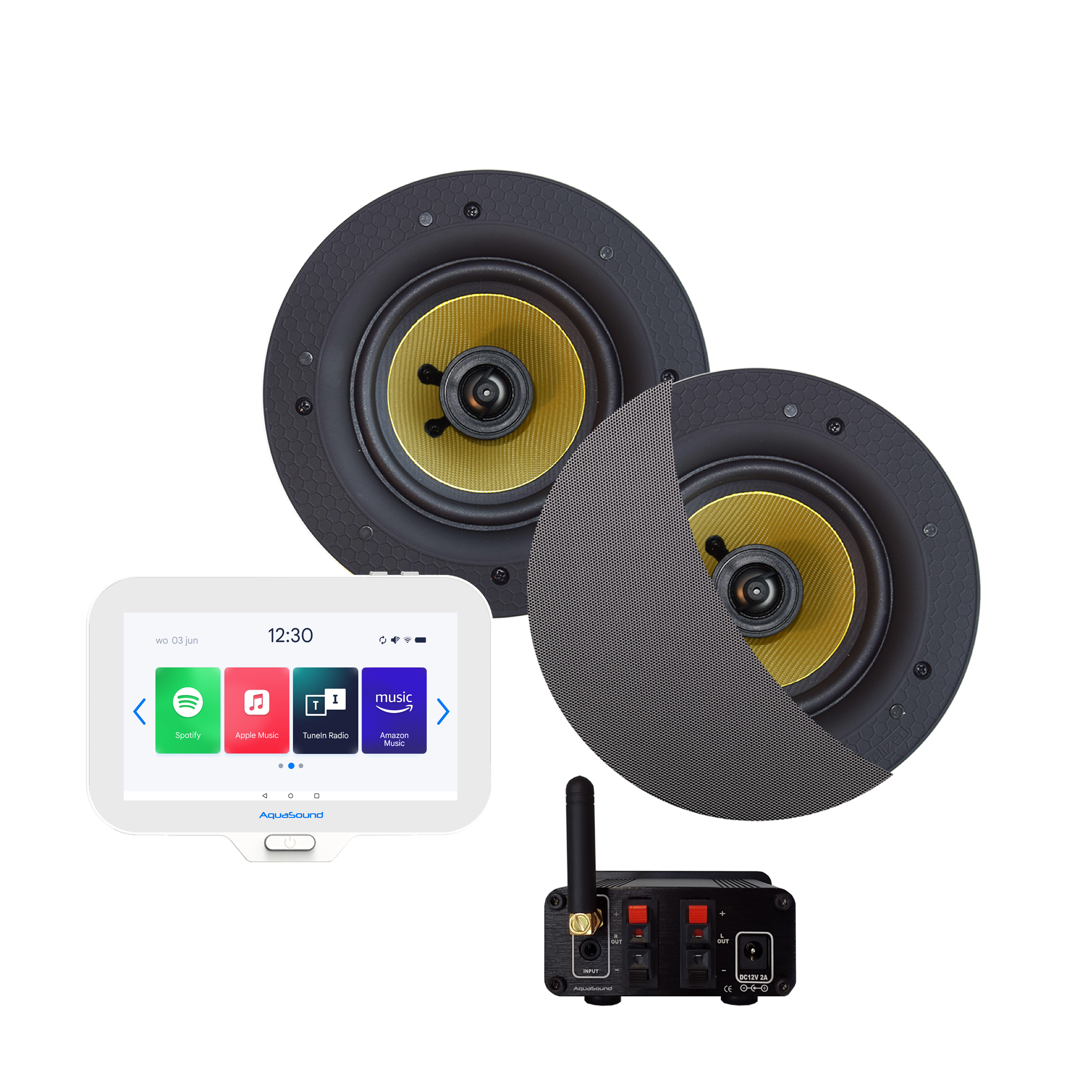 N-JOY CONNECT BADKAMERRADIO, CONTROLLER (IPX7) + WAND LADER + ZUMBA SPEAKERSET (MAT CHROOM) BLUETOOTH / 70 WATT / 230V/24V