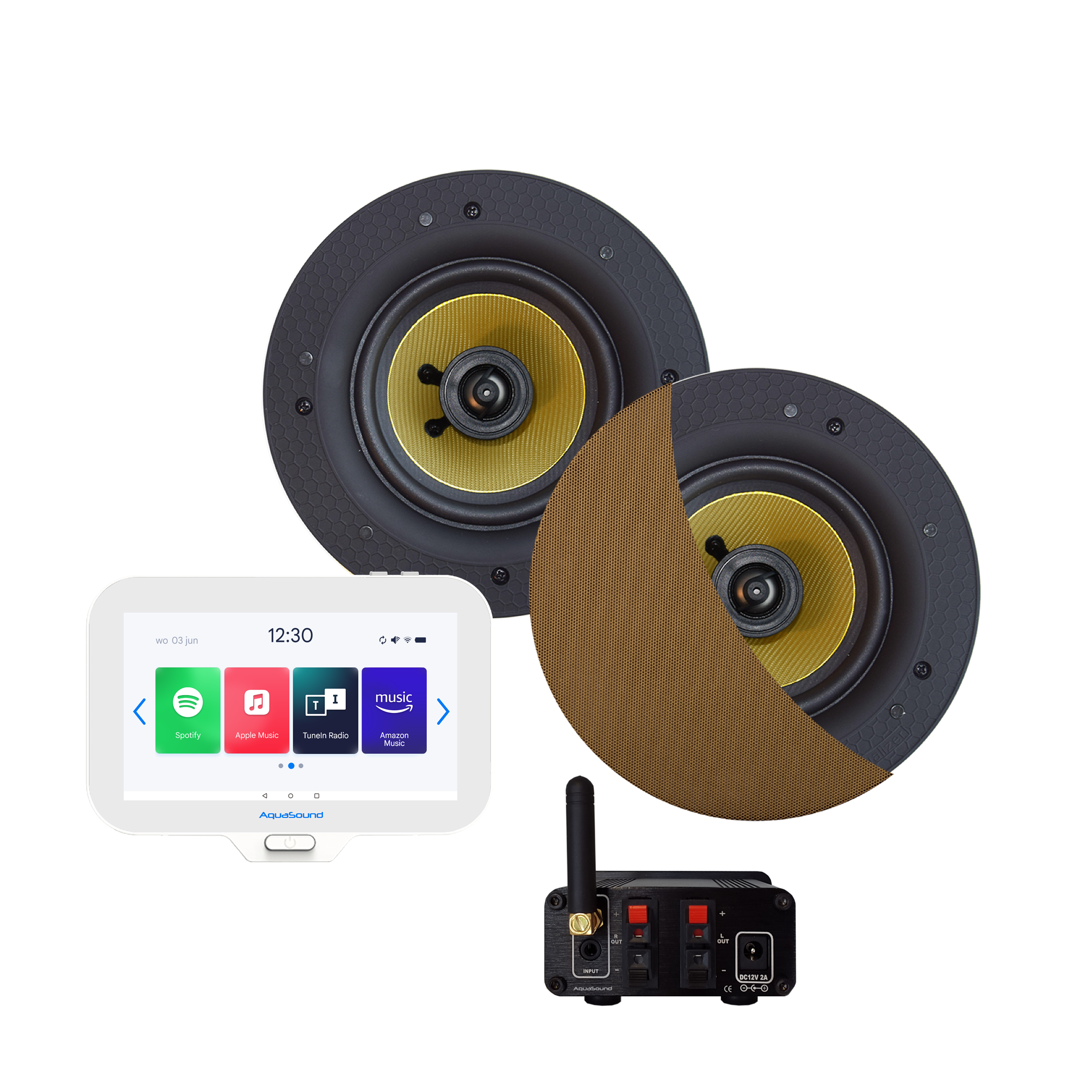 N-JOY CONNECT BADKAMERRADIO, CONTROLLER (IPX7) + WAND LADER + ZUMBA SPEAKERSET (BRUSHED GOLD) BLUETOOTH / 70 WATT / 230V/24V