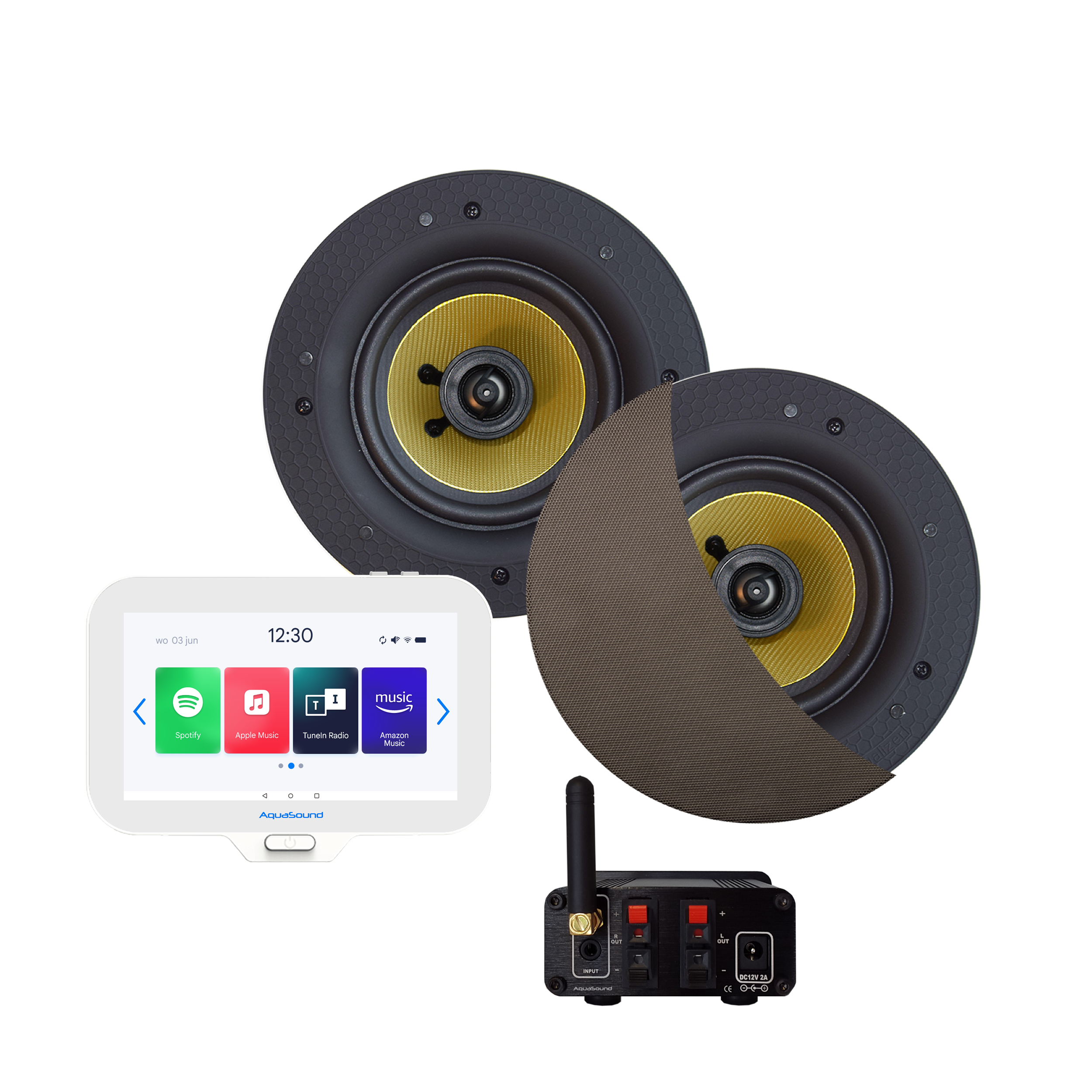 N-JOY CONNECT BADKAMERRADIO, CONTROLLER (IPX7) + WAND LADER + ZUMBA SPEAKERSET (INOX/RVS LOOK) BLUETOOTH / 70 WATT / 230V/24V