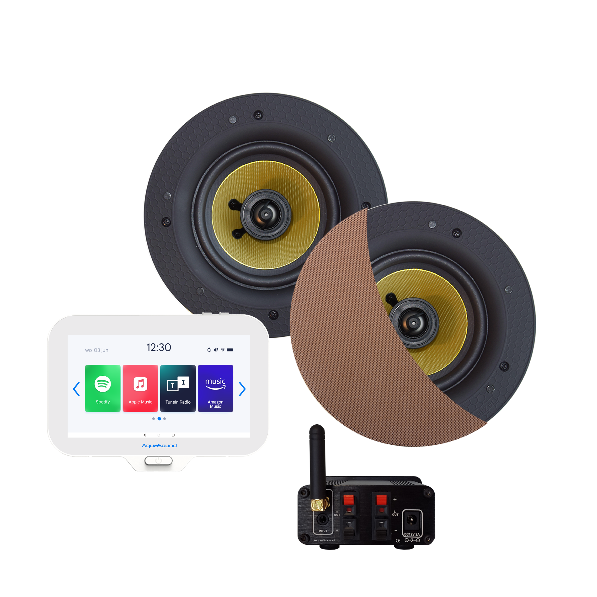 N-JOY CONNECT BADKAMERRADIO, CONTROLLER (IPX7) + WAND LADER + ZUMBA SPEAKERSET (BRUSHED RED GOLD) BLUETOOTH / 70 WATT / 230V/24V