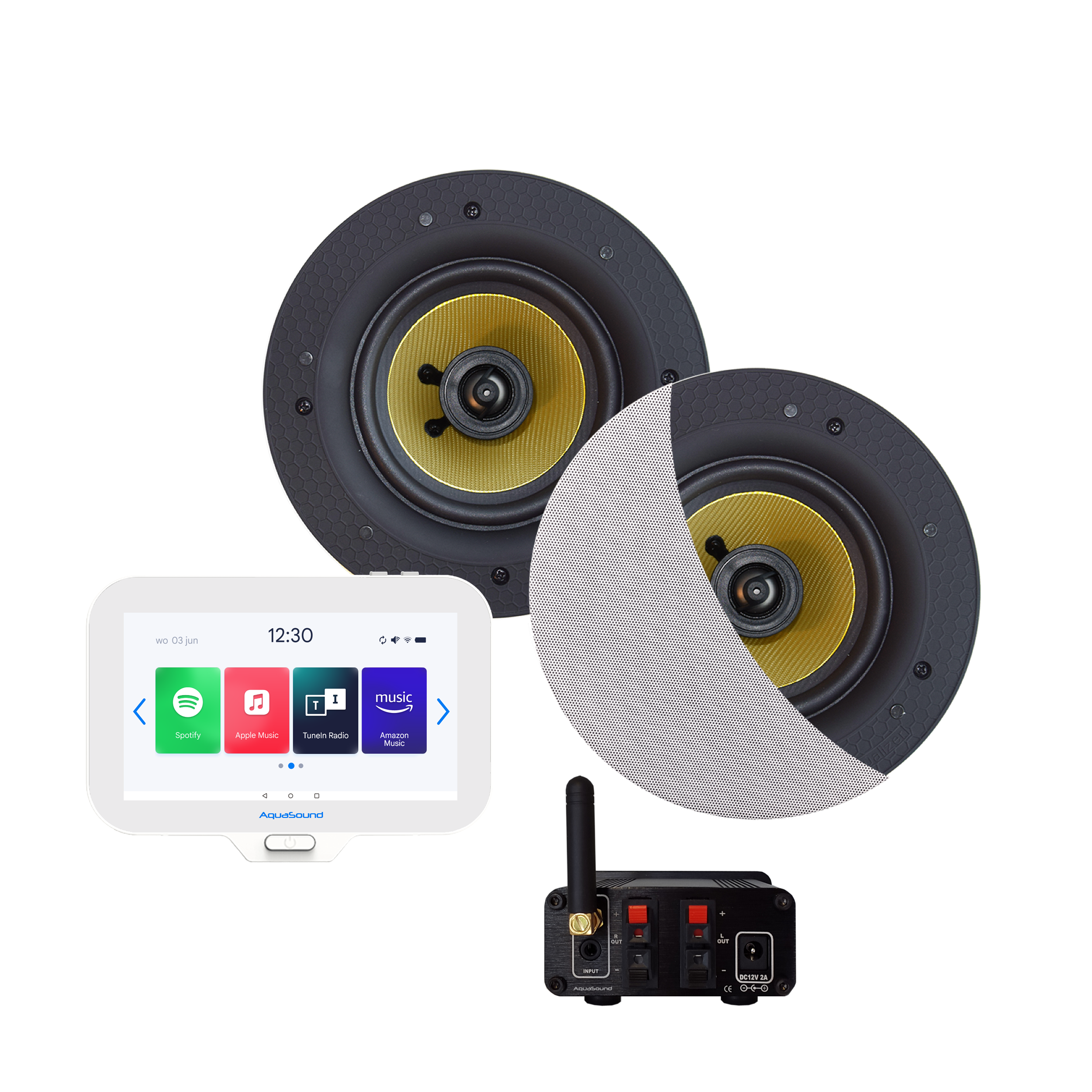 N-JOY CONNECT BADKAMERRADIO, CONTROLLER (IPX7) + WAND LADER + ZUMBA SPEAKERSET WIT+ BLUETOOTH VERSTERKER / 70 WATT / 230V/24V