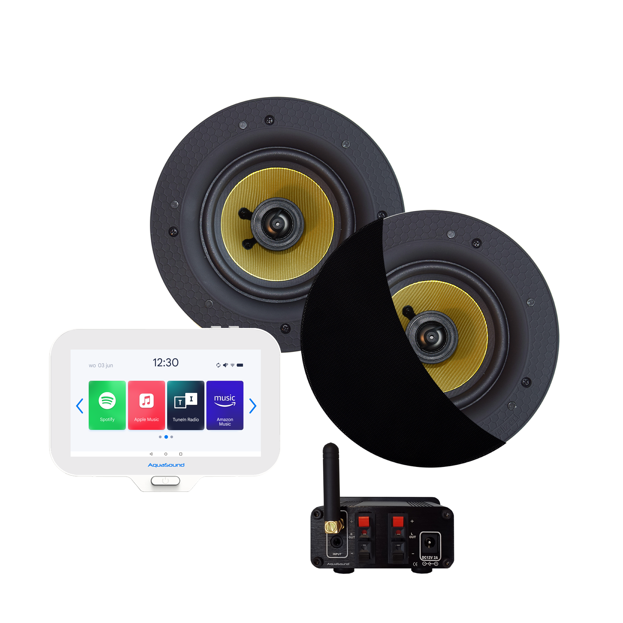 N-JOY CONNECT BADKAMERRADIO, CONTROLLER (IPX7) + WAND LADER + ZUMBA SPEAKERSET ZWART + BLUETOOTH VERSTERKER / 70 WATT / 230V/24V