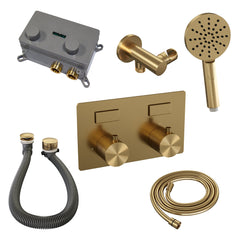 Brauer Gold Carving thermostatische inbouw badkraan met drukknoppen SET 04 met badvulcombinatie en 3-standen handdouche en doucheslang en wandaansluitbocht Geborsteld Goud PVD - 5-GG-213