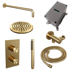 Brauer Edition inbouwset met 3-weg thermostaat - hoofddouche 20cm - gebogen wandarm 40cm - staafhanddouche - wandaansluiting - Geborsteld Goud PVD