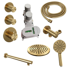 Brauer Carving thermostatische inbouw doucheset - hoofddouche 20cm - rechte wandarm - 3 standen handdouche rond - Geborsteld Goud PVD