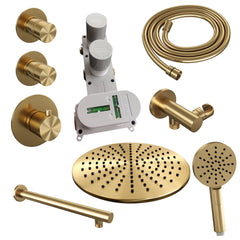 Brauer Edition thermostatische inbouw doucheset - Geborsteld Goud PVD - hoofddouche 30cm - wandarm - ronde handdouche