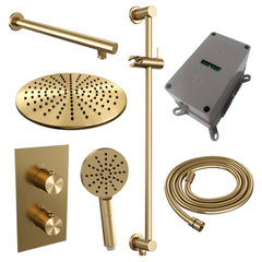 Brauer Edition inbouwset met 3-weg thermostaat - hoofddouche 30cm - rechte wandarm 40cm - staafhanddouche - wandaansluiting - Geborsteld Goud PVD