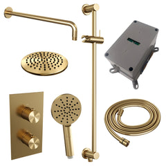 Brauer Carving inbouwset met 3-weg thermostaat - hoofddouche 20cm - gebogen wandarm 40cm - ronde 3-standen handdouche - glijstang met aansluitbocht - Geborsteld Goud PVD