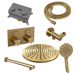 Brauer Carving inbouw doucheset - ronde handdouche - 30cm hoofdouche - rechte wandarm - wandsteun - Geborsteld Goud PVD