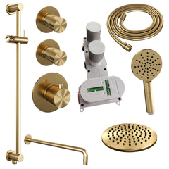 Brauer Edition thermostatische inbouw doucheset - hoofddouche 20cm - wandarm gebogen - ronde handdouche - Glijstang - Geborsteld Goud PVD
