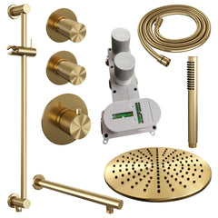 Brauer Carving thermostatische inbouw doucheset - hoofddouche 30cm - rechte wandarm - staafhanddouche - Glijstang - Geborsteld Goud PVD