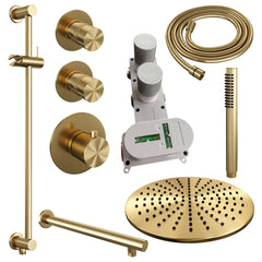 Brauer Edition thermostatische inbouw doucheset - Geborsteld Goud PVD - hoofddouche 30cm - wandarm - staafhanddouche - Glijstang