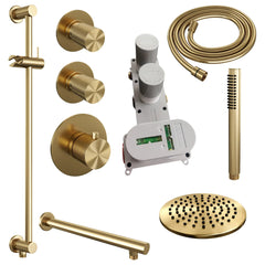 Brauer Carving thermostatische inbouw doucheset - hoofddouche 20cm - rechte wandarm - staafhanddouche - Glijstang - Geborsteld Goud PVD