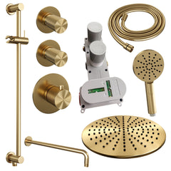 Brauer Carving thermostatische inbouw doucheset - hoofddouche 30cm - gebogen wandarm - 3 standen handdouche rond - Glijstang - Geborsteld Goud PVD