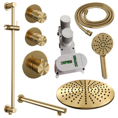 Brauer Edition thermostatische inbouw doucheset - Geborsteld Goud PVD - hoofddouche 30cm - wandarm - ronde handdouche - Glijstang