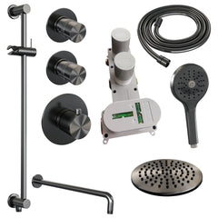 Brauer Edition thermostatische inbouw doucheset - hoofddouche 20cm - wandarm gebogen - ronde handdouche - Glijstang - Geborsteld Gunmetal PVD