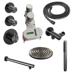 Brauer Edition thermostatische inbouw doucheset - Geborsteld Gunmetal PVD - hoofddouche 20cm - wandarm - staafhanddouche