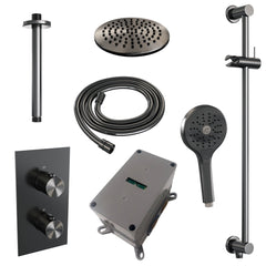 Brauer Edition inbouwset met 3-weg thermostaat - hoofddouche 20cm - plafondbuis 20cm - ronde 3-standen handdouche - glijstang met aansluitbocht - Geborsteld Gunmetal PVD