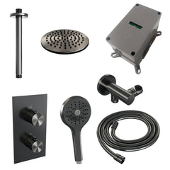 Brauer Edition inbouwset met 3-weg thermostaat - hoofddouche 20cm - plafondbuis 20cm - ronde 3-standen handdouche - wandaansluiting - Geborsteld Gunmetal PVD