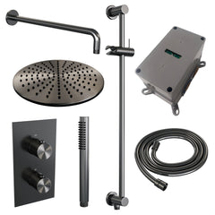 Brauer Edition inbouwset met 3-weg thermostaat - hoofddouche 30cm - gebogen wandarm 40cm - staafhanddouche - glijstang met aansluitbocht - Geborsteld Gunmetal PVD