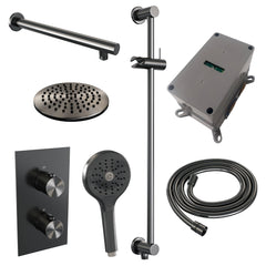 Brauer Edition inbouwset met 3-weg thermostaat - hoofddouche 20cm - rechte wandarm 40cm - ronde 3-standen handdouche - glijstang met aansluitbocht - Geborsteld Gunmetal PVD