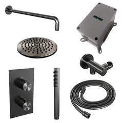 Brauer Edition inbouwset met 3-weg thermostaat - hoofddouche 20cm - gebogen wandarm 40cm - staafhanddouche - wandaansluiting - Geborsteld Gunmetal PVD