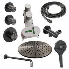 Brauer Edition thermostatische inbouw doucheset - hoofddouche 30cm - wandarm gebogen - ronde handdouche - Geborsteld Gunmetal PVD