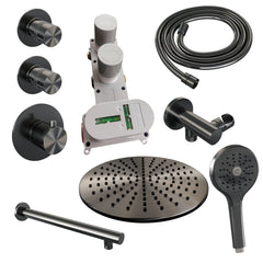 Brauer Edition thermostatische inbouw doucheset - Geborsteld Gunmetal PVD - hoofddouche 30cm - wandarm - ronde handdouche