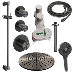 Brauer Carving thermostatische inbouw doucheset - hoofddouche 30cm - plafondbuis - 3 standen handdouche rond - Glijstang - Geborsteld Gunmetal PVD