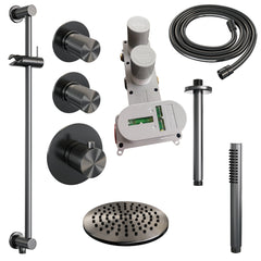 Brauer Carving thermostatische inbouw doucheset - hoofddouche 20cm - plafondbuis - staafhanddouche - Glijstang - Geborsteld Gunmetal PVD