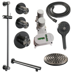 Brauer Edition thermostatische inbouw doucheset - Geborsteld Gunmetal PVD - hoofddouche 20cm - wandarm - ronde handdouche - Glijstang