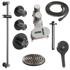 Brauer Carving thermostatische inbouw doucheset - hoofddouche 20cm - plafondbuis - 3 standen handdouche rond - Glijstang - Geborsteld Gunmetal PVD