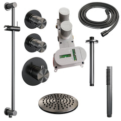 Brauer Edition thermostatische inbouw doucheset - Geborsteld Gunmetal PVD - hoofddouche 20cm - plafondsteun - staafhanddouche - Glijstang