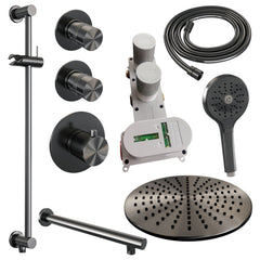 Brauer Edition thermostatische inbouw doucheset - Geborsteld Gunmetal PVD - hoofddouche 30cm - wandarm - ronde handdouche - Glijstang