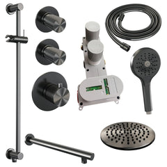 Brauer Carving thermostatische inbouw doucheset - hoofddouche 20cm - rechte wandarm - 3 standen handdouche rond - Glijstang - Geborsteld Gunmetal PVD