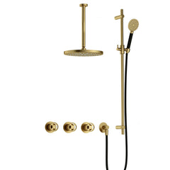 Hotbath Cobber @work IBSW70 inbouw doucheset met 2 stopkranen met ronde handdouche, plafondbuis 30 cm en glijstang - Geborsteld Messing PVD