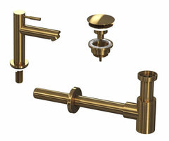 Ink combi set 1A - fonteinkraan staand laag - always open plug - design sifon - Geborsteld mat goud