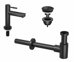 Ink fonteinkraan combi set 1A - fonteinkraan staand laag - always open plug - design sifon - Mat Zwart