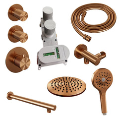 Brauer Carving thermostatische inbouw doucheset - hoofddouche 20cm - rechte wandarm - 3 standen handdouche rond - Geborsteld Koper PVD