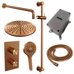 Brauer Carving inbouwset met 3-weg thermostaat - hoofddouche 30cm - gebogen wandarm 40cm - ronde 3-standen handdouche - glijstang met aansluitbocht - Geborsteld Koper PVD