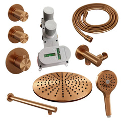 Brauer Carving thermostatische inbouw doucheset - hoofddouche 30cm - rechte wandarm - 3 standen handdouche rond - Geborsteld Koper PVD