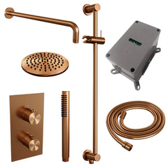 Brauer Edition inbouwset met 3-weg thermostaat - hoofddouche 20cm - gebogen wandarm 40cm - staafhanddouche - glijstang met aansluitbocht - Geborsteld Koper PVD