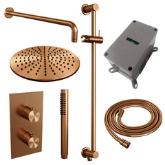 Brauer Edition inbouwset met 3-weg thermostaat - hoofddouche 30cm - gebogen wandarm 40cm - staafhanddouche - glijstang met aansluitbocht - Geborsteld Koper PVD