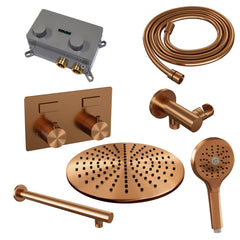 Brauer Carving inbouw doucheset - ronde handdouche - 30cm hoofdouche - rechte wandarm - wandsteun - Geborsteld Koper PVD