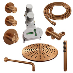 Brauer Carving thermostatische inbouw doucheset - hoofddouche 30cm - gebogen wandarm - staafhanddouche - Geborsteld Koper PVD