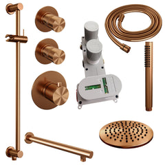 Brauer Edition thermostatische inbouw doucheset - Geborsteld Koper PVD - hoofddouche 20cm - wandarm - staafhanddouche - Glijstang