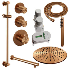 Brauer Edition thermostatische inbouw doucheset - Geborsteld Koper PVD - hoofddouche 30cm - wandarm - staafhanddouche - Glijstang