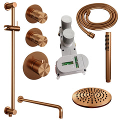 Brauer Edition thermostatische inbouw doucheset - hoofddouche 20cm - wandarm gebogen - staafhanddouche - Glijstang - Geborsteld Koper PVD