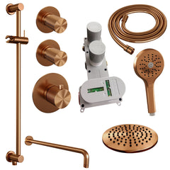 Brauer Carving thermostatische inbouw doucheset - hoofddouche 20cm - gebogen wandarm - 3 standen handdouche rond - Glijstang - Geborsteld Koper PVD